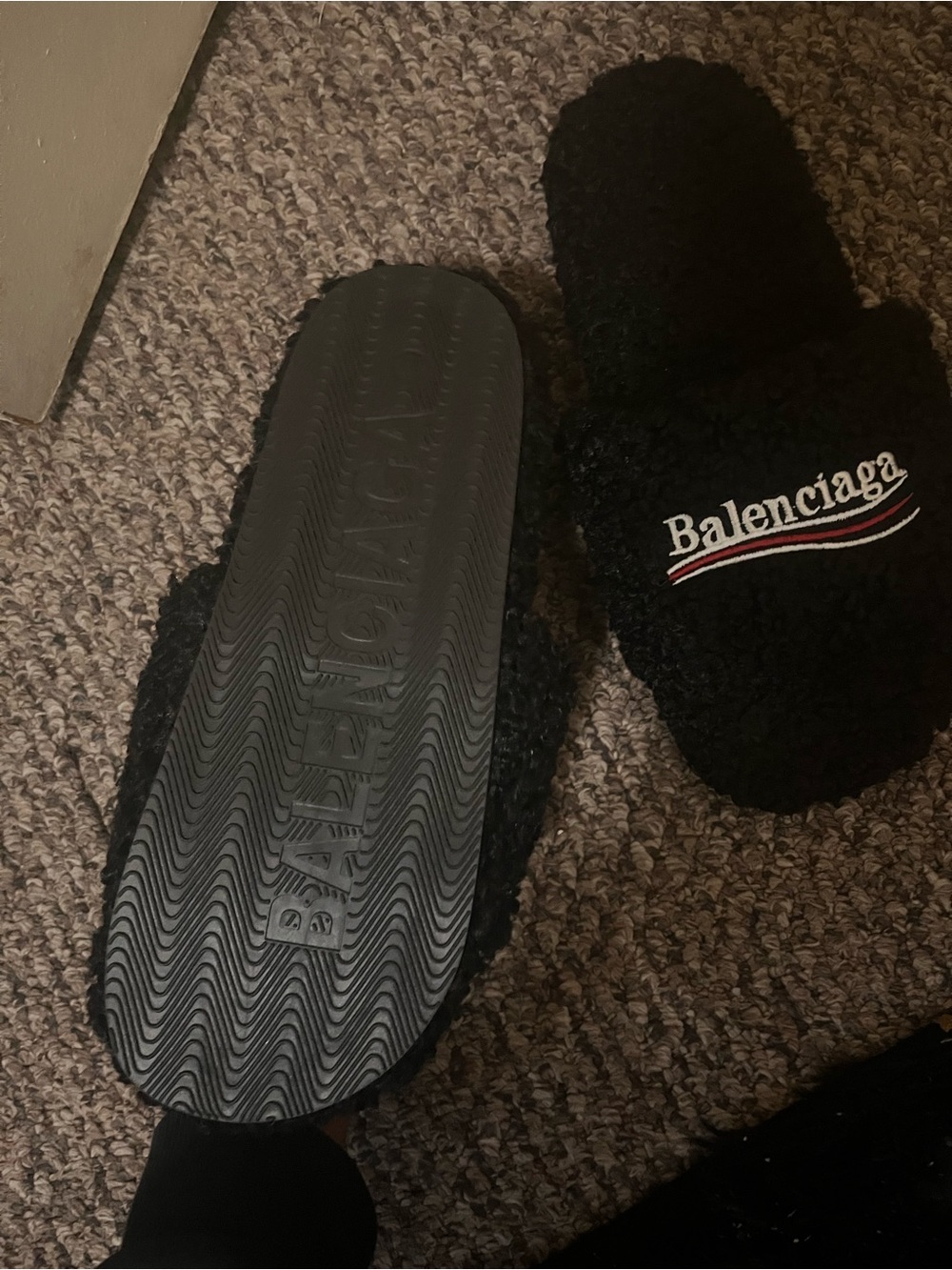 Balenciaga Black Sherpa Slide Sandals with White and Red Logo - Picture 2 of 3